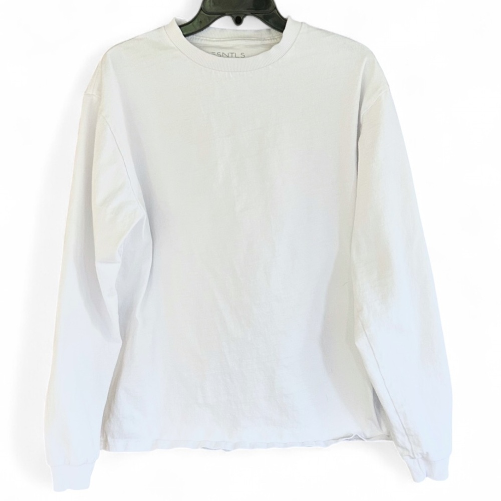 ESNTLS Cotton Hemp White Crew Neck Long Sleeve Relaxed Shirt Athleisure Men’s S